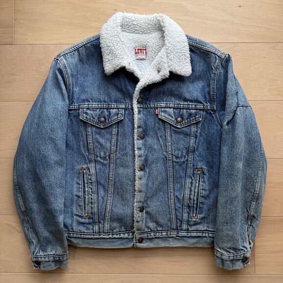 Vintage Levis Sherpa Trucker Jacket 44 Blue 80s Heavy Denim Outerwear USA - Picture 2 of 12
